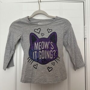 Justice Grey Long Sleeve Shirt “Meow’s It Going?” Cat Graphic Size 7